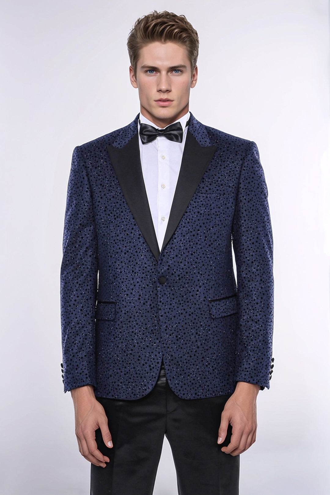 Shiny Dot Patterned Navy Blue Men Party Blazer - Wessi