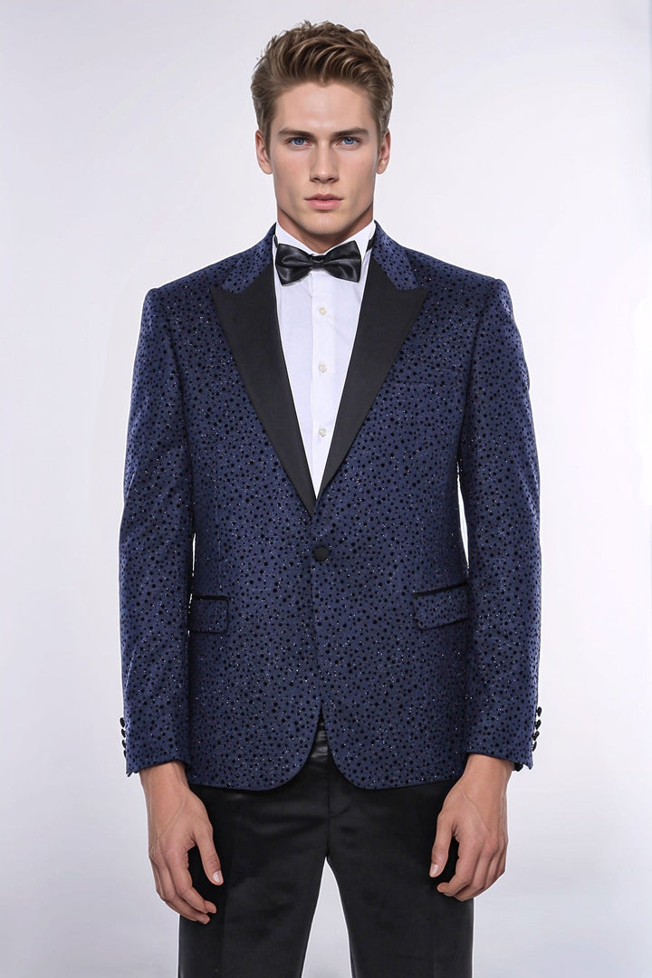 Shiny Dot Patterned Navy Blue Men Party Blazer - Wessi