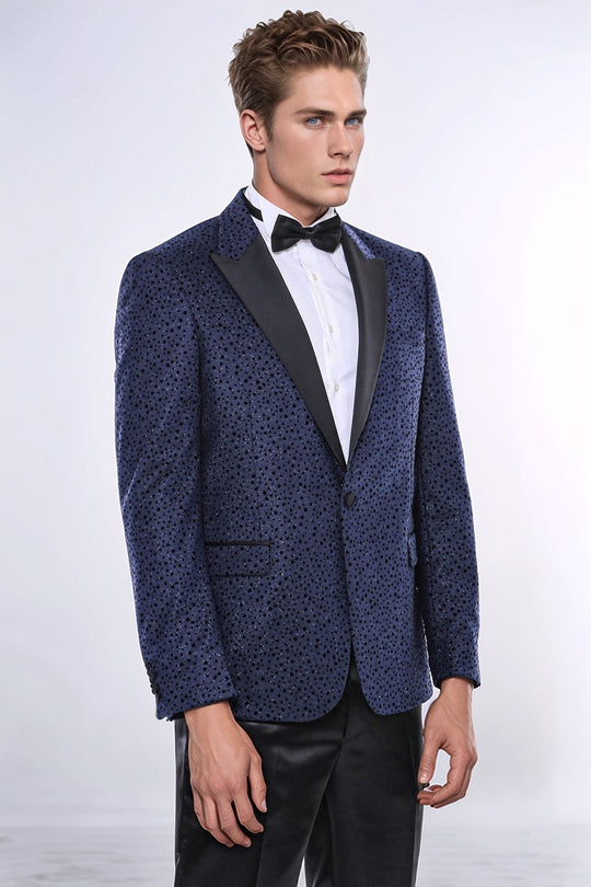 Shiny Dot Patterned Navy Blue Men Party Blazer - Wessi