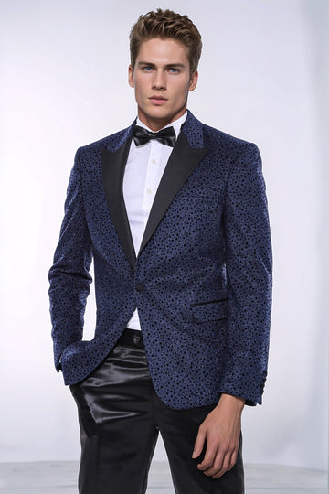 Shiny Dot Patterned Navy Blue Men Party Blazer - Wessi