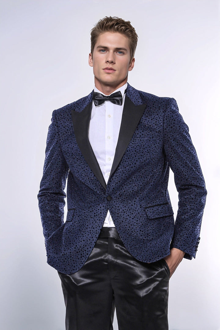 Shiny Dot Patterned Navy Blue Men Party Blazer - Wessi