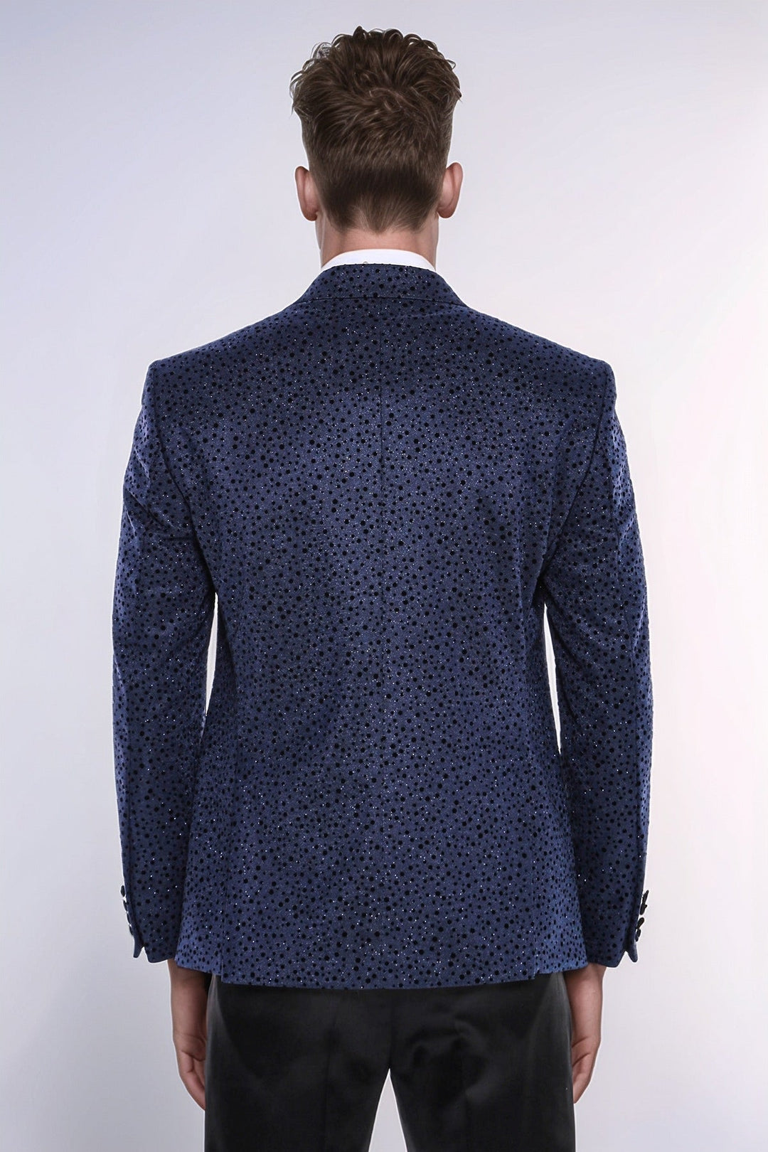 Shiny Dot Patterned Navy Blue Men Party Blazer - Wessi