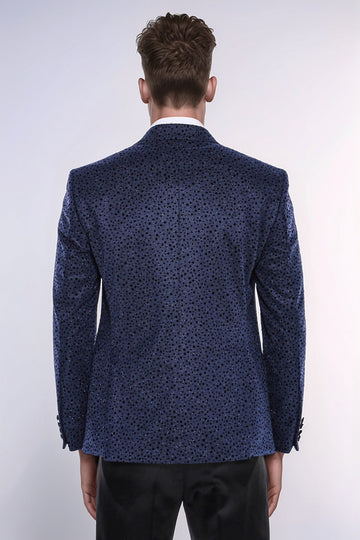 Shiny Dot Patterned Navy Blue Men Party Blazer - Wessi