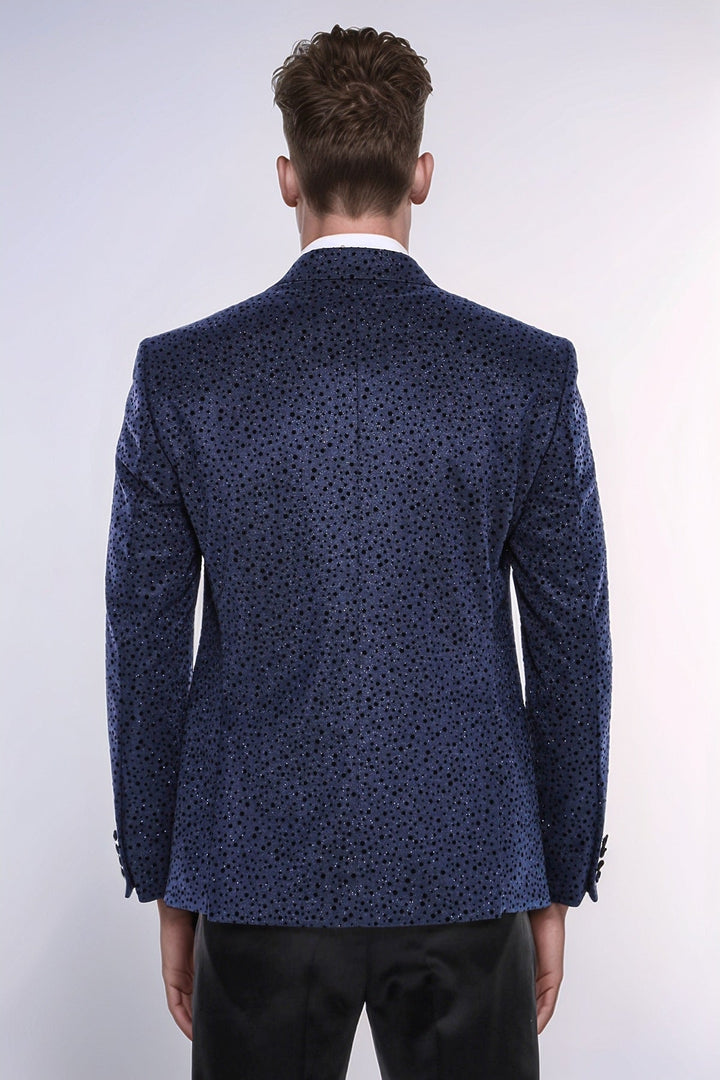 Shiny Dot Patterned Navy Blue Men Party Blazer - Wessi