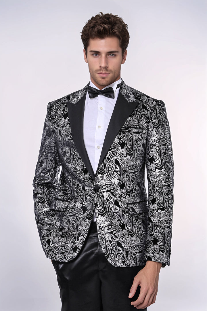 Gold Patterned Over Grey Men Party Blazer - Wessi
