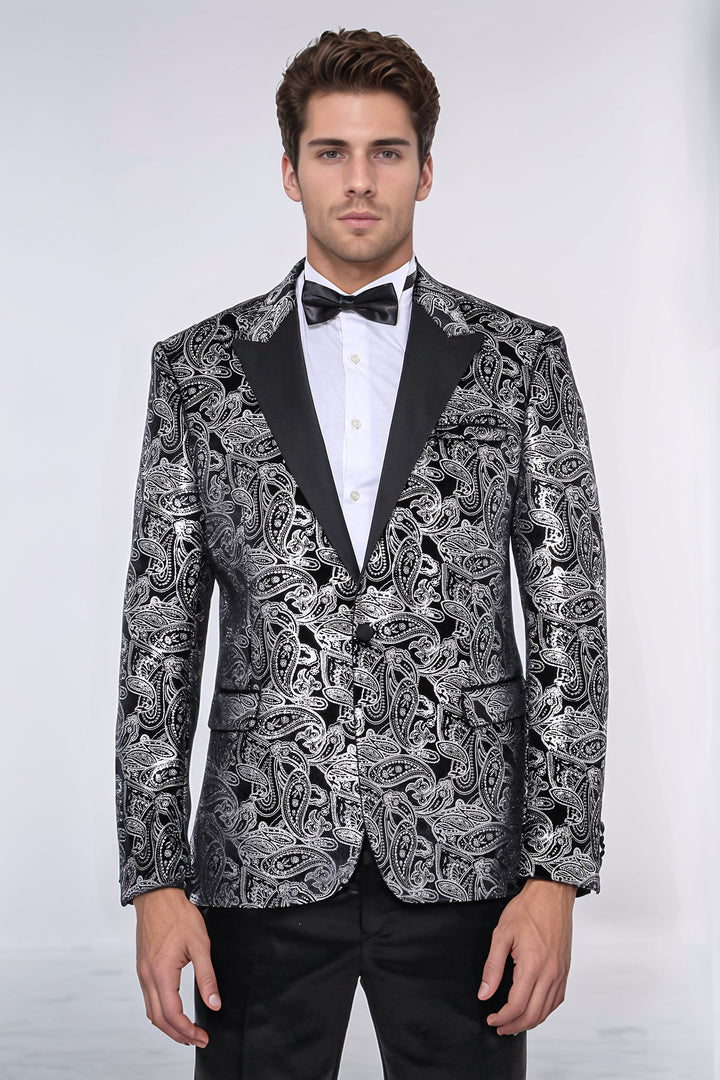 Gold Patterned Over Grey Men Party Blazer - Wessi