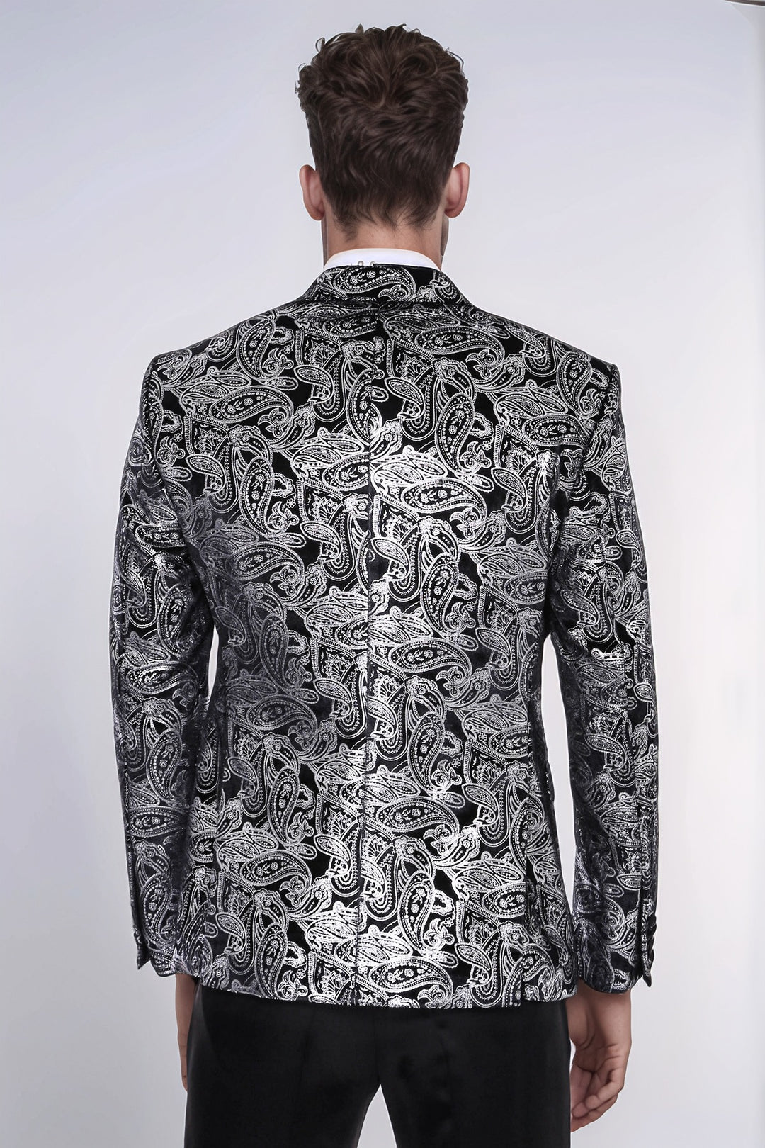 Gold Patterned Over Grey Men Party Blazer - Wessi