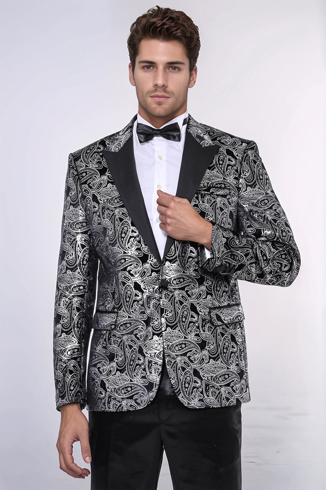 Gold Patterned Over Grey Men Party Blazer - Wessi