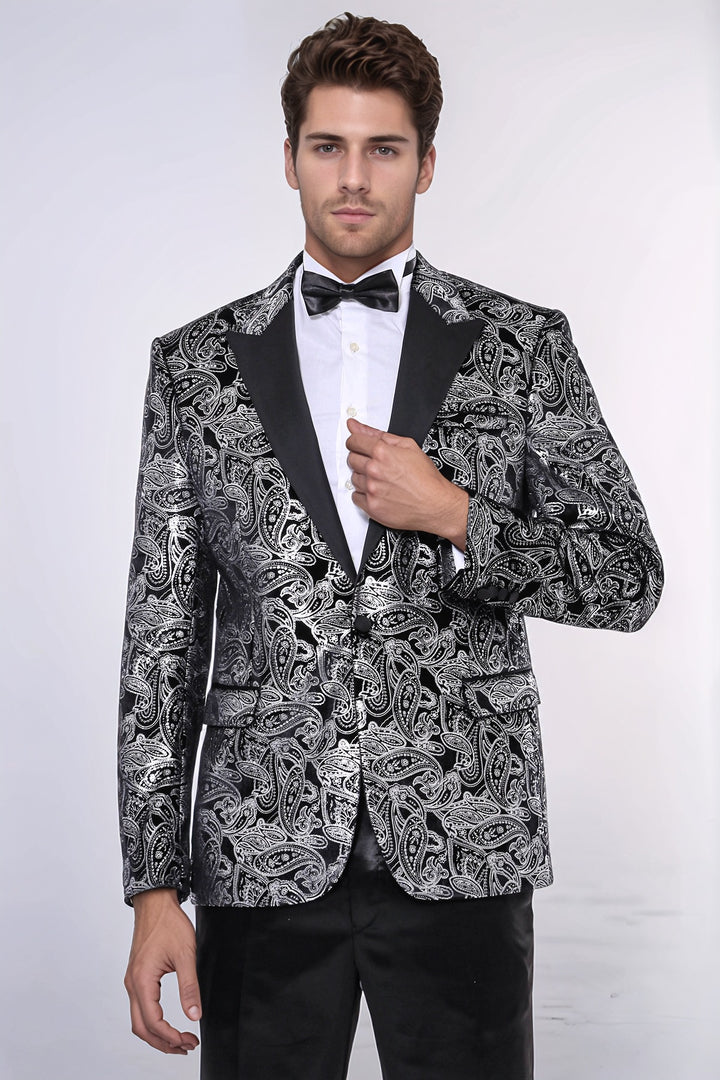 Gold Patterned Over Grey Men Party Blazer - Wessi