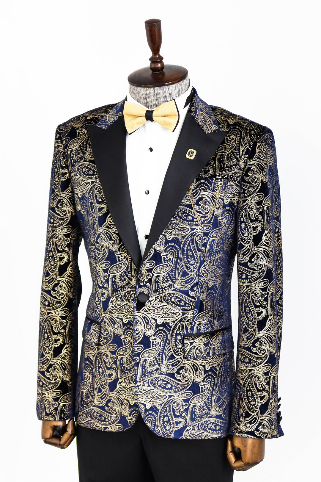 Gold Blue Patterned Over Navy Blue Men Prom Blazer - Wessi