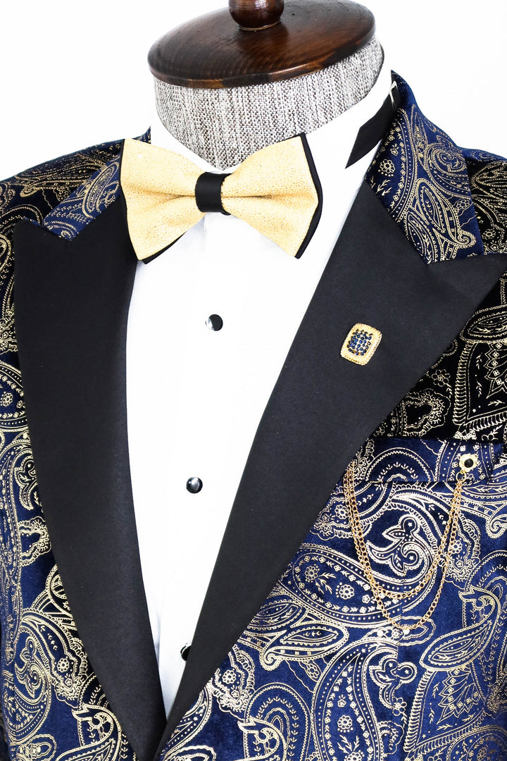 Gold Blue Patterned Over Navy Blue Men Prom Blazer - Wessi