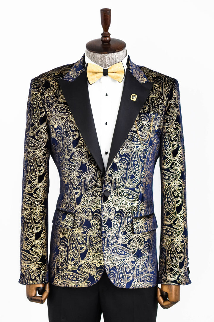 Gold Blue Patterned Over Navy Blue Men Tuxedo Blazer - Wessi