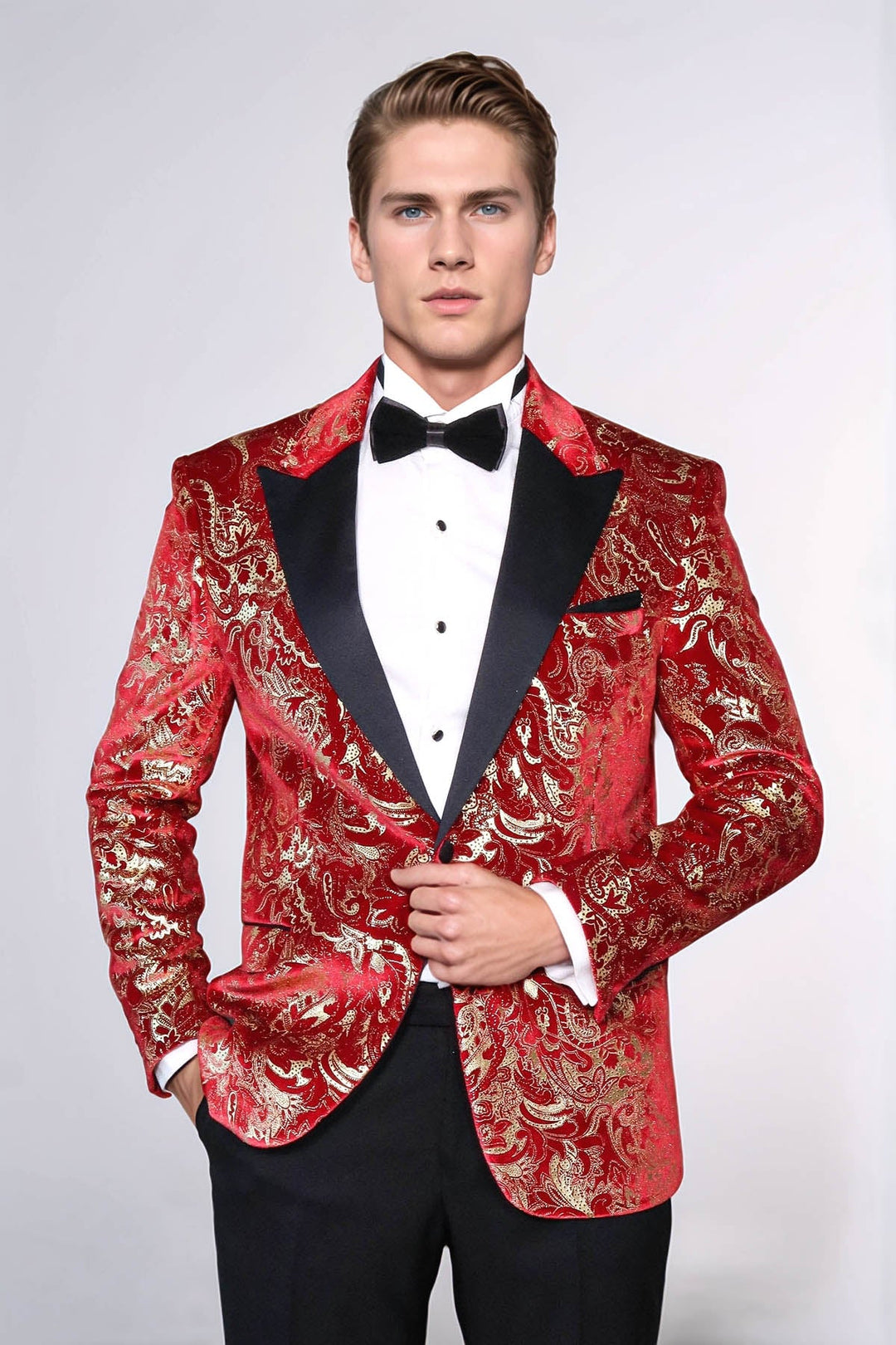 Gold Patterned Over Red Men Stage Tuxedo Blazer - Wessi