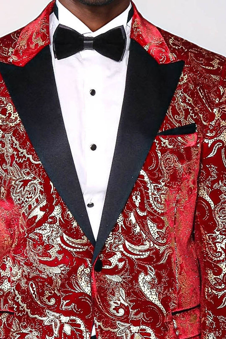 Gold Patterned Over Red Men Stage Tuxedo Blazer - Wessi