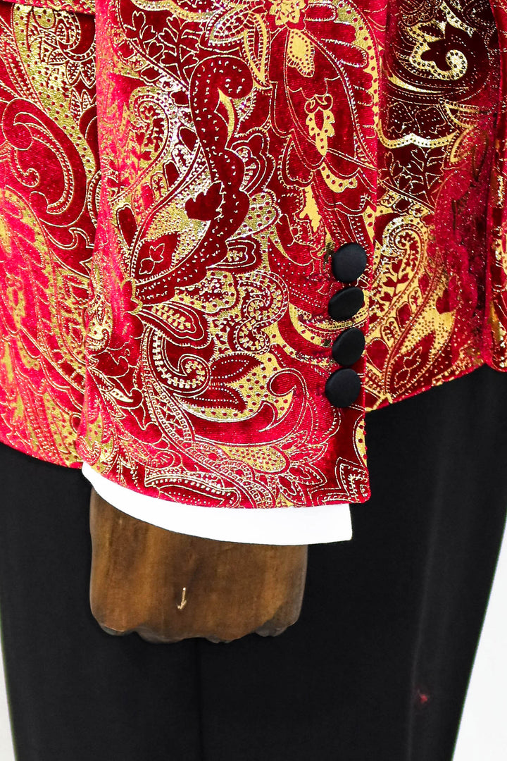 Gold Patterned Over Red Men Prom Blazer And Trousers Combination - Wessi