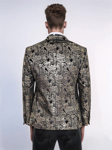 Slim Fit Gold Paisley Patterned Black Men Tuxedo Blazer - Wessi