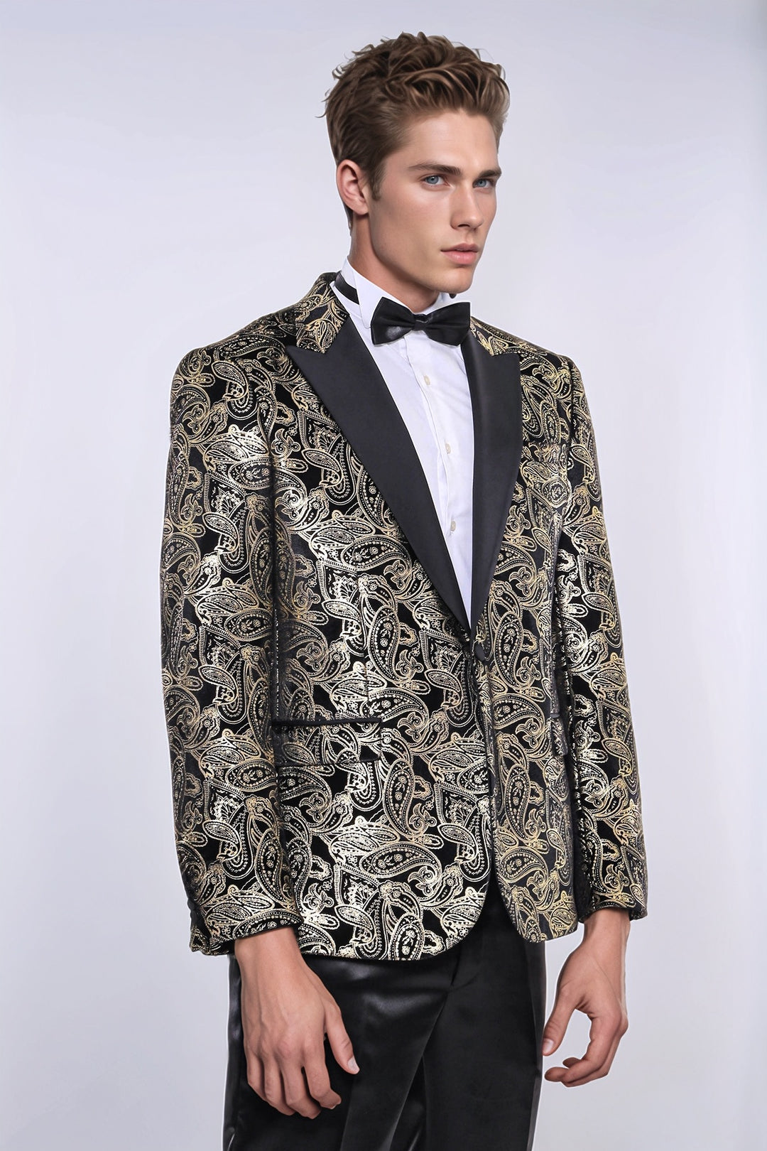 Slim Fit Gold Paisley Patterned Black Men Tuxedo Blazer Wessi