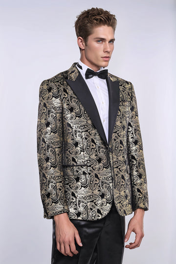 Slim Fit Gold Paisley Patterned Black Men Tuxedo Blazer - Wessi
