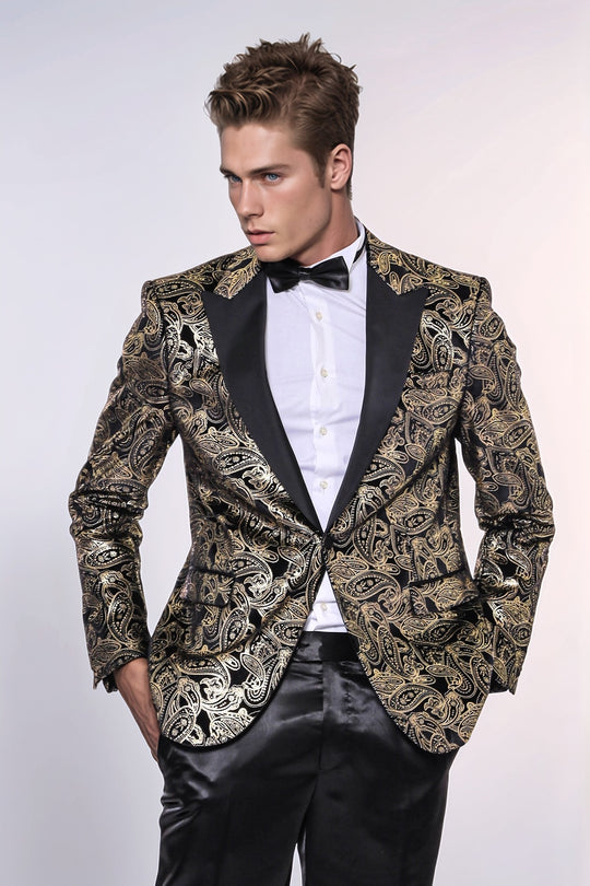 Slim Fit Gold Paisley Patterned Black Men Tuxedo Blazer | Wessi Wessi - Discover Diversity Slim Fit Gold Paisley Patterned Black Men Tuxedo Blazer | Wessi Wessi - Discover Diversity