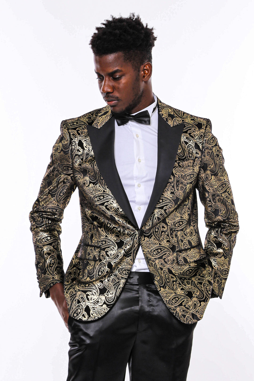 Men's Black Blazer Men's Fancy Square Lapel Paisley Brocade Tuxedo Blazer in Black by Empire