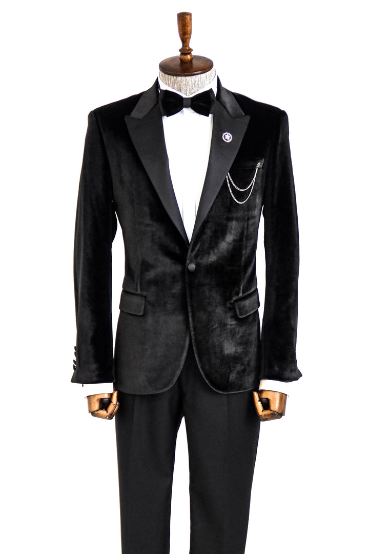 Velvet Slim Fit Black Men Prom Blazer and Trousers Combination- Wessi