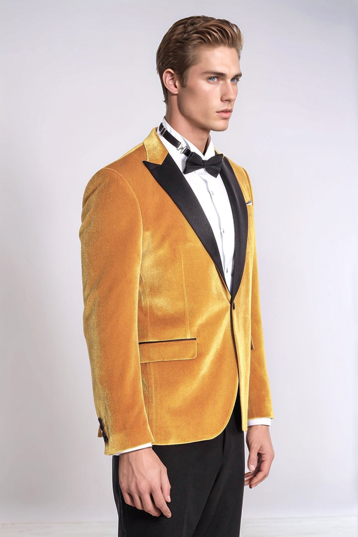 Velvet Slim Fit Yellow Men Tuxedo Jacket - Wessi
