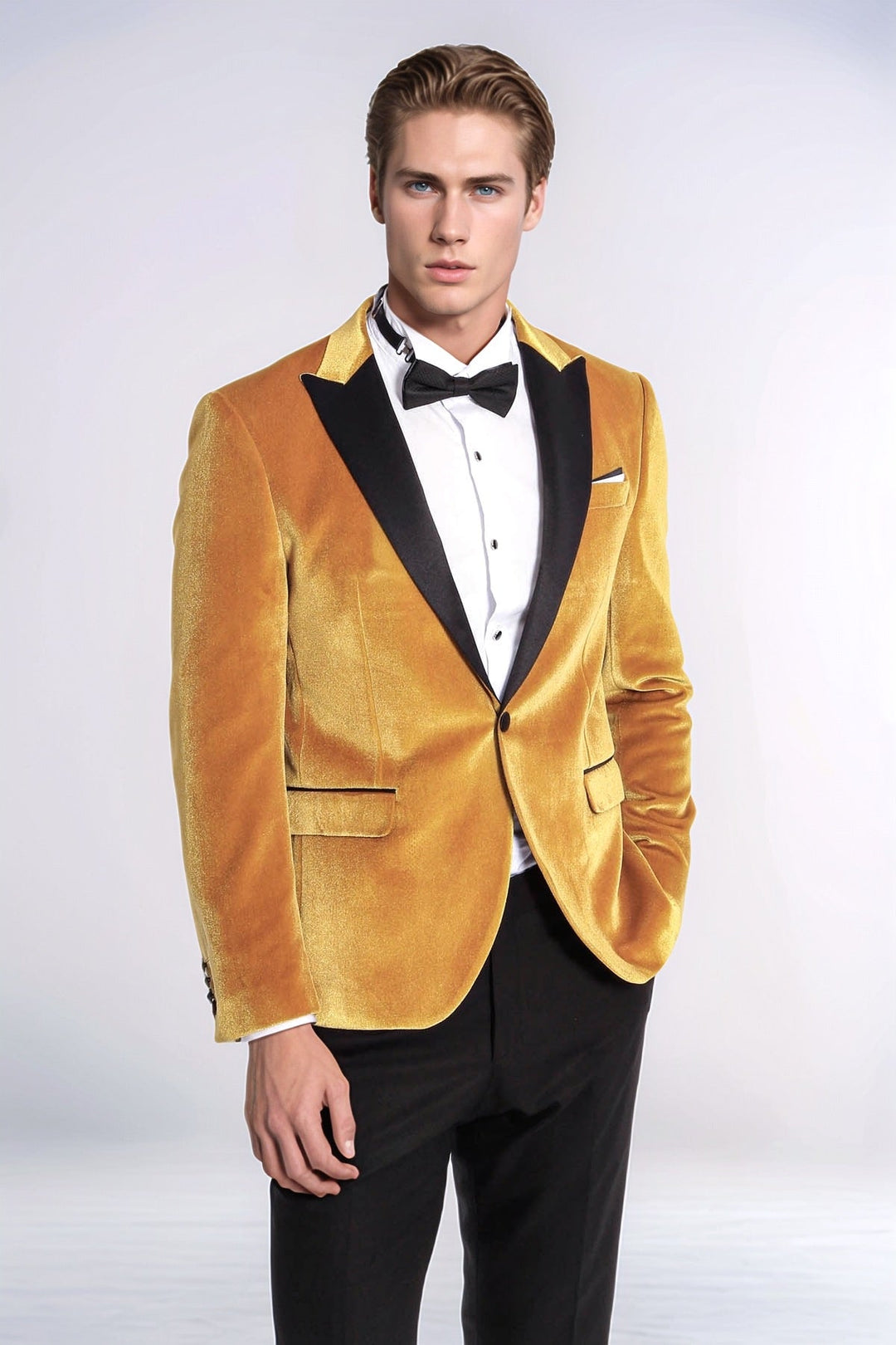 Velvet Slim Fit Yellow Men Tuxedo Jacket - Wessi