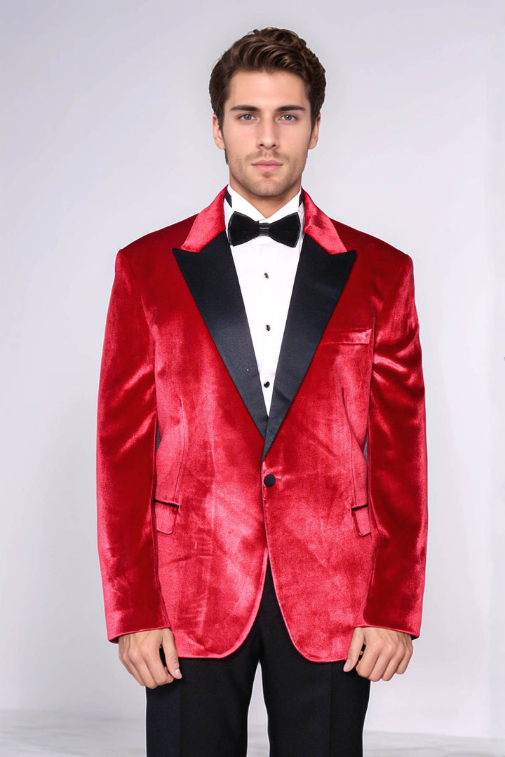 Peak Lapel Velvet Red Men Wedding Tuxedo Blazer - Wessi