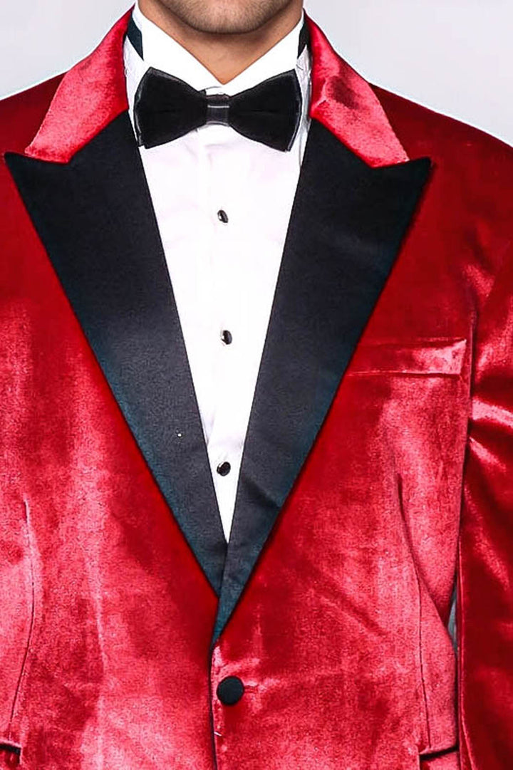 Peak Lapel Velvet Red Men Wedding Tuxedo Blazer - Wessi