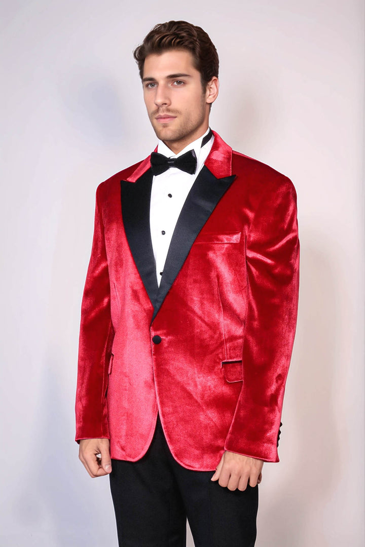 Peak Lapel Velvet Red Men Wedding Tuxedo Blazer - Wessi