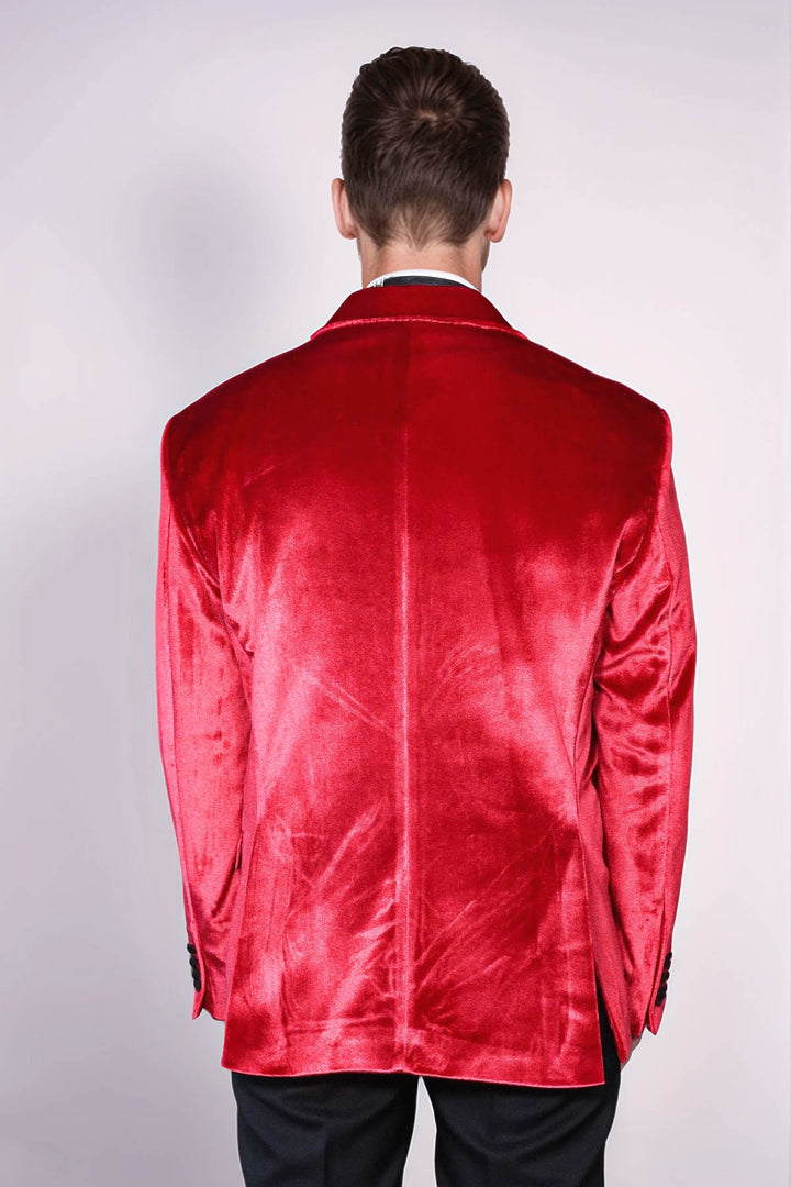 Peak Lapel Velvet Red Men Wedding Tuxedo Blazer - Wessi