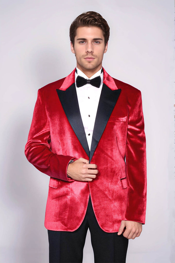 Peak Lapel Velvet Red Men Wedding Tuxedo Blazer - Wessi