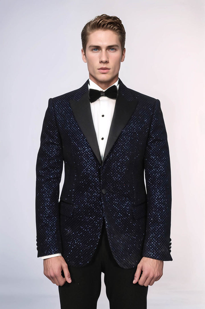 Black Patterned Over Navy Blue Men Party Blazer - Wessi