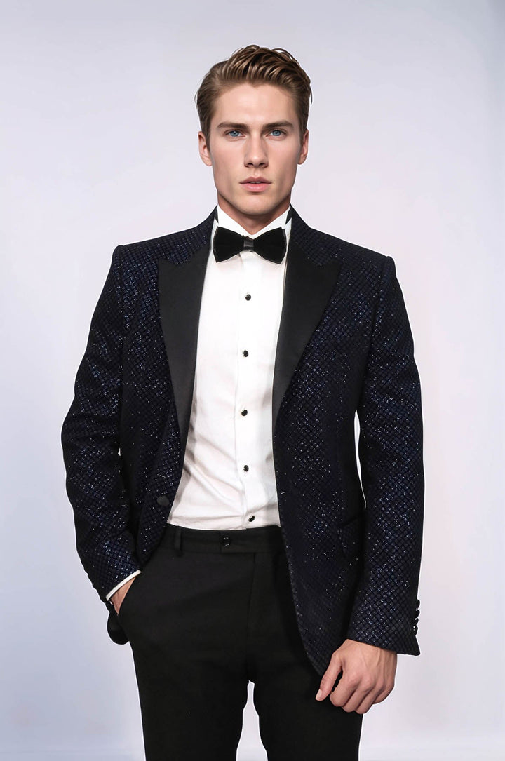Black Patterned Over Navy Blue Men Party Blazer - Wessi