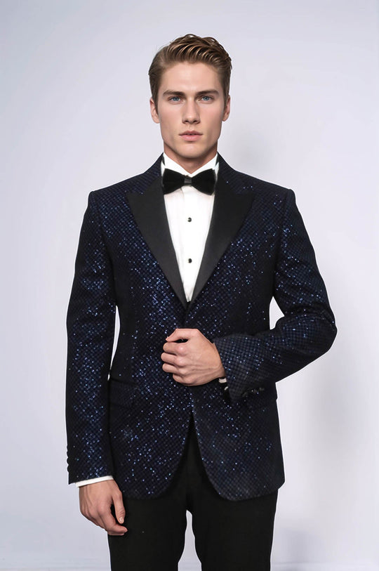 Black Patterned Over Navy Blue Men Party Blazer - Wessi