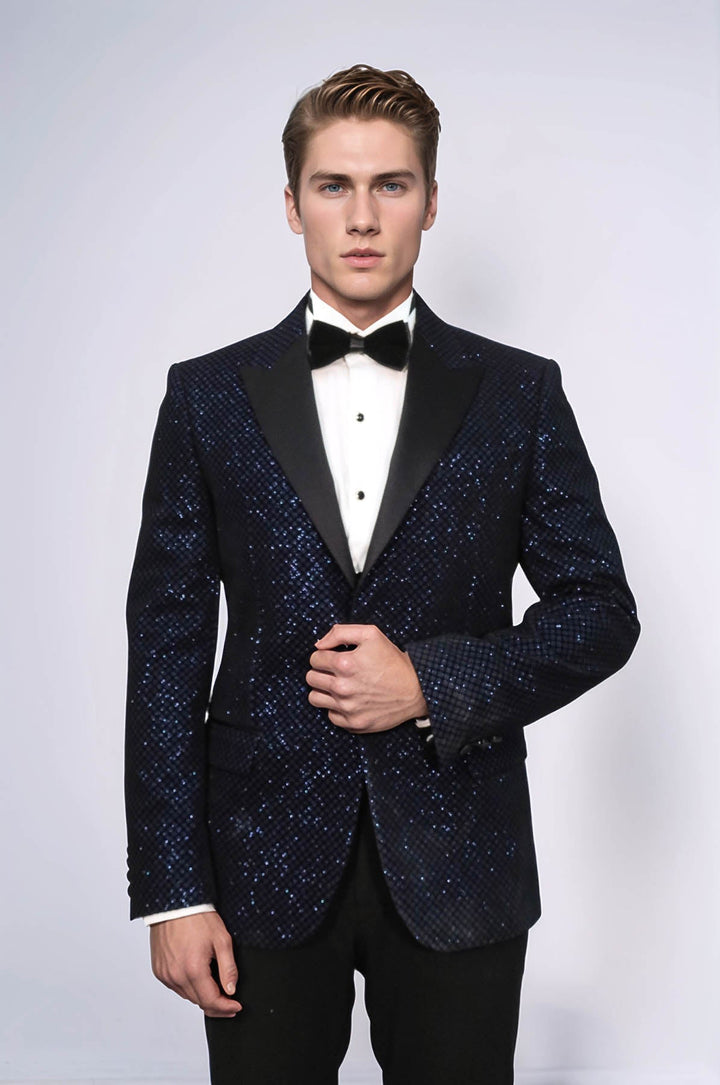 Black Patterned Over Navy Blue Men Party Blazer - Wessi