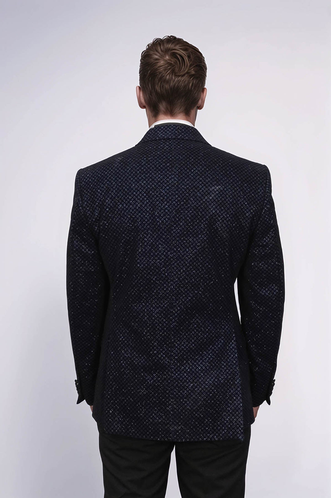 Black Patterned Over Navy Blue Men Party Blazer - Wessi