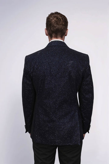 Black Patterned Over Navy Blue Men Party Blazer - Wessi