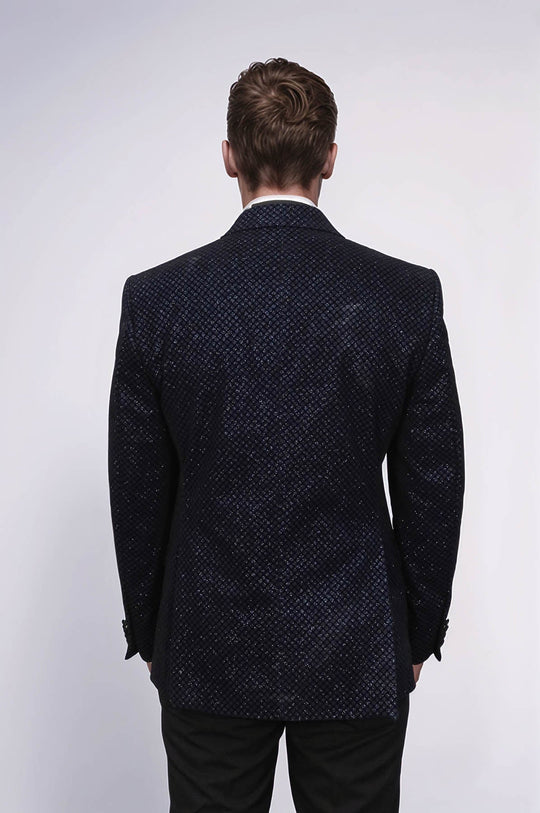 Black Patterned Over Navy Blue Men Party Blazer - Wessi