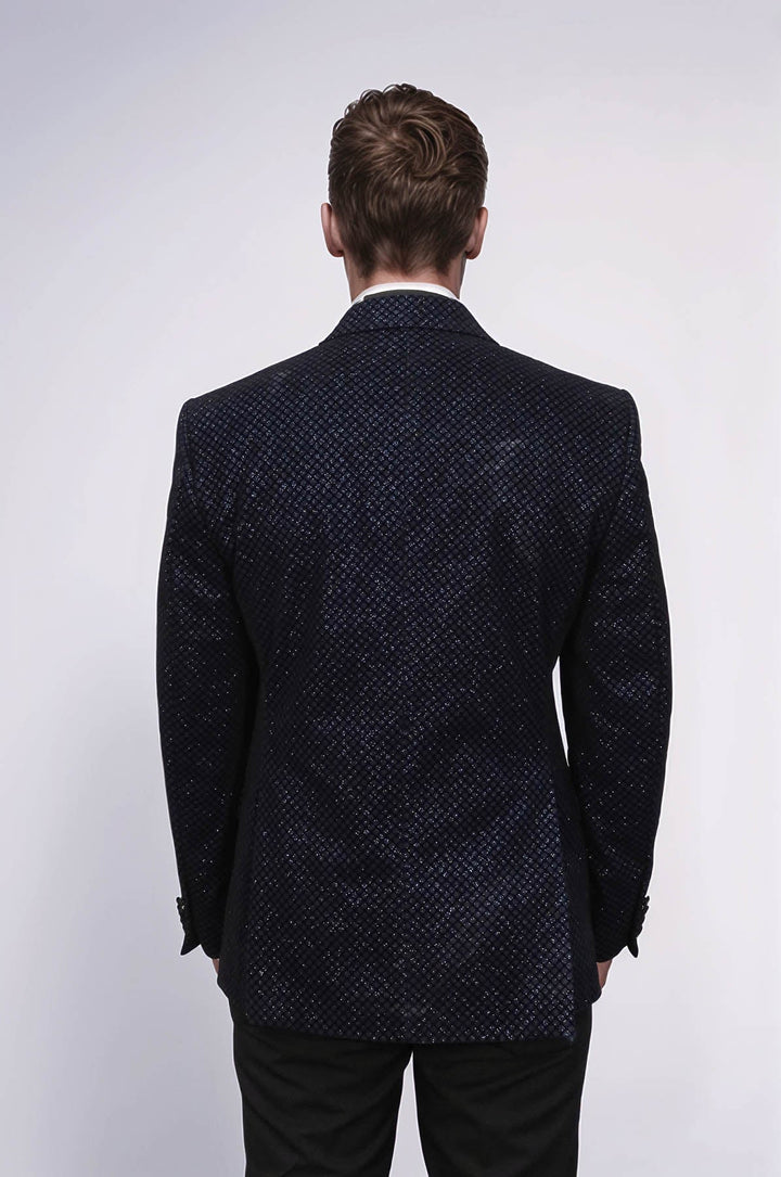Black Patterned Over Navy Blue Men Party Blazer - Wessi