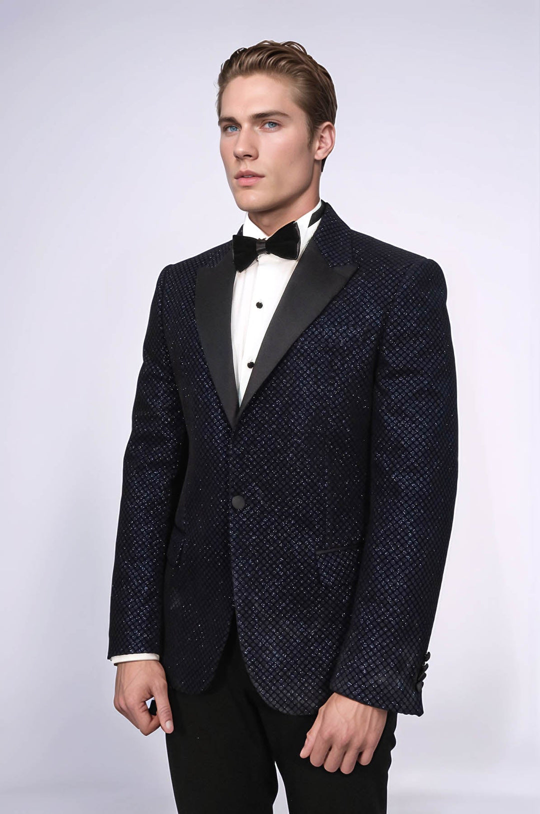 Black Patterned Over Navy Blue Men Party Blazer - Wessi