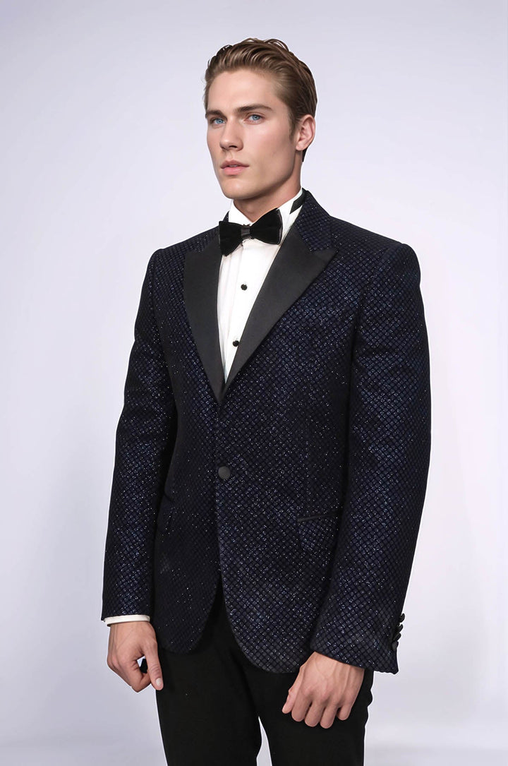 Black Patterned Over Navy Blue Men Party Blazer - Wessi