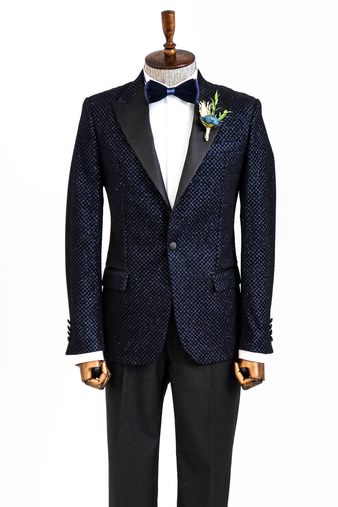 Black Patterned Over Navy Blue Men Prom Blazer and Trousers Combination- Wessi