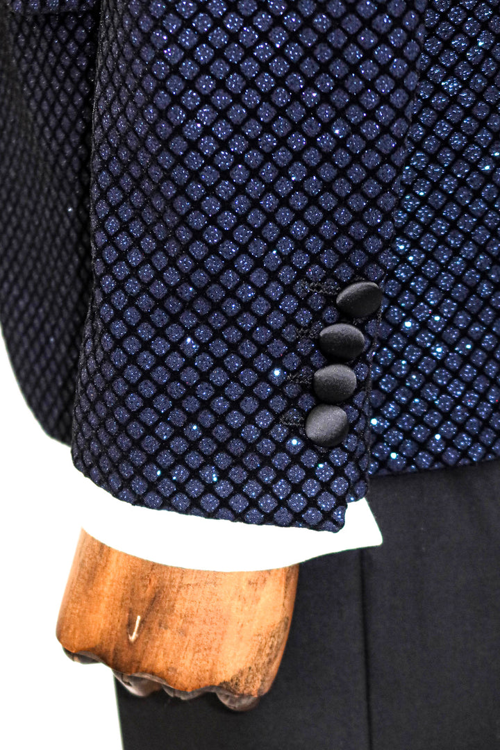 Black Patterned Over Navy Blue Men Prom Blazer and Trousers Combination- Wessi