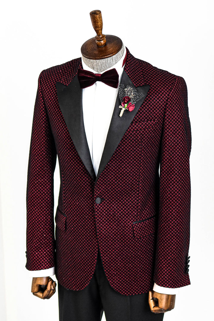 Black Patterned Over Burgundy Men Prom Blazer and Trousers Combination - Wessi