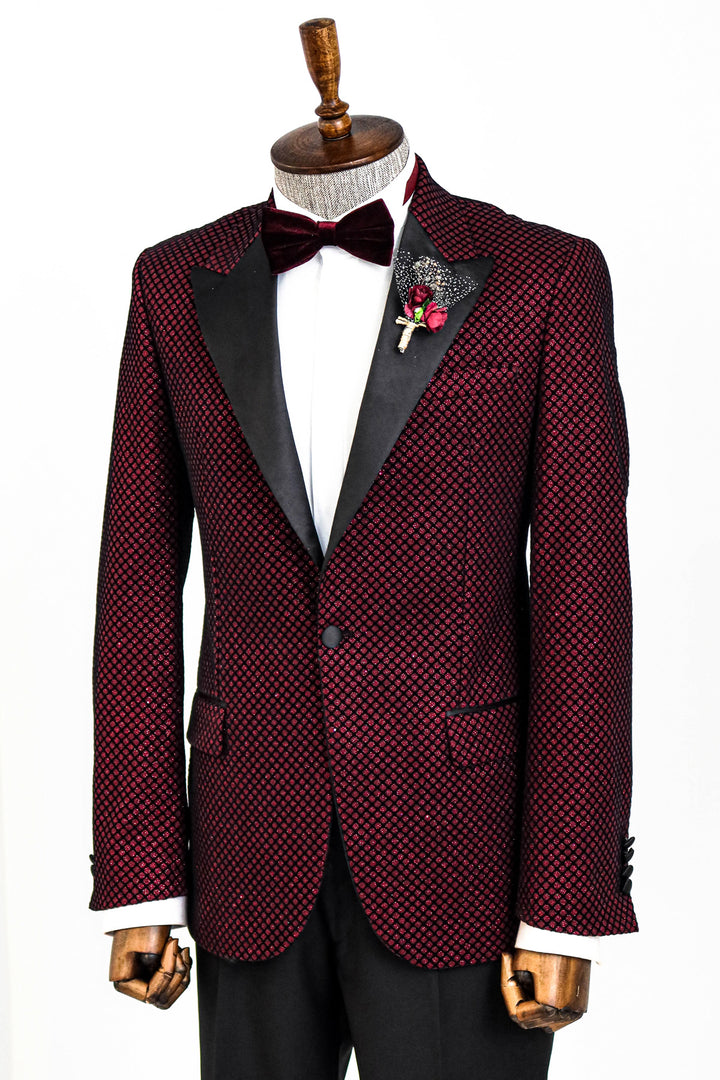Black Patterned Over Burgundy Men Prom Blazer and Trousers Combination - Wessi