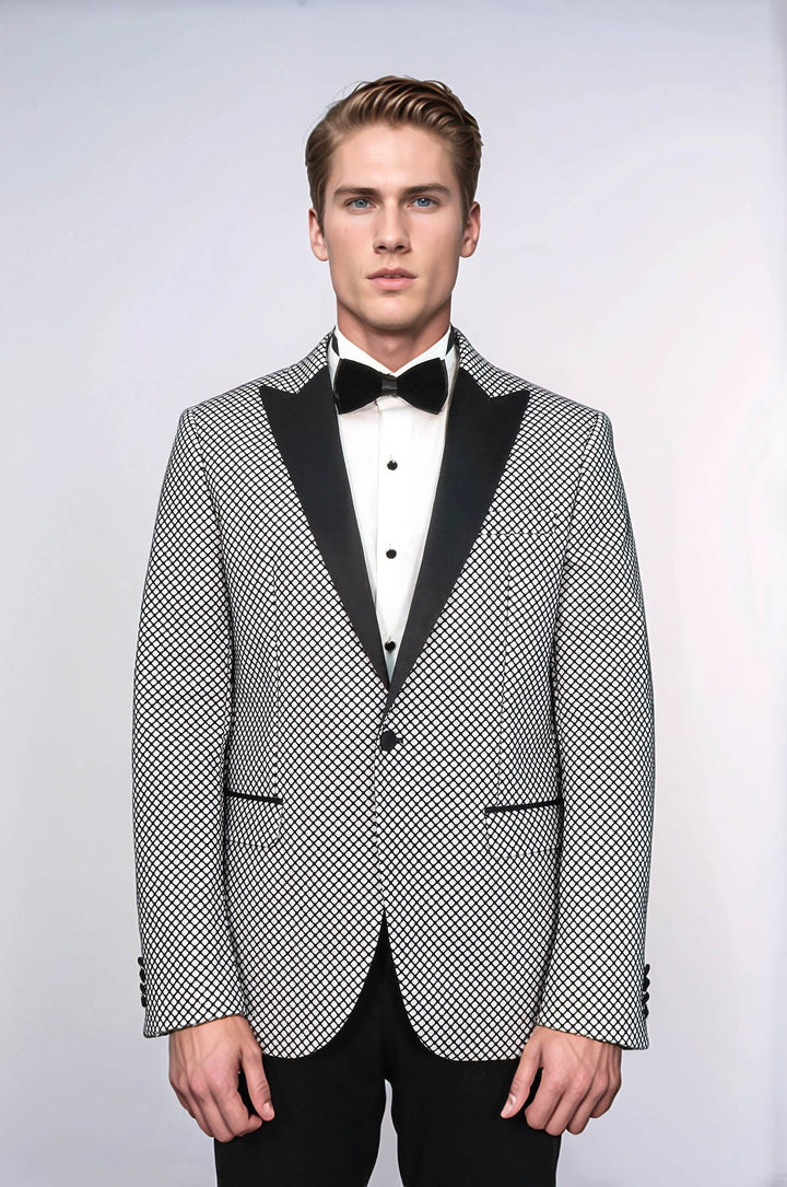 Black Patterned Over White Men Party Blazer - Wessi