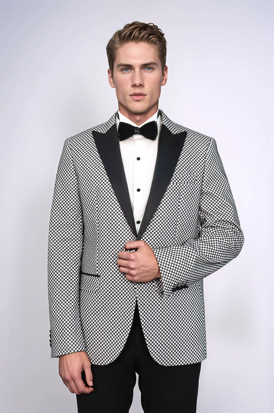 Black Patterned Over White Men Party Blazer - Wessi