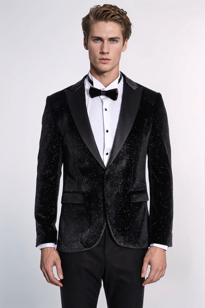 Blazer da ballo da uomo in velluto nero slim fit scintillante - Wessi