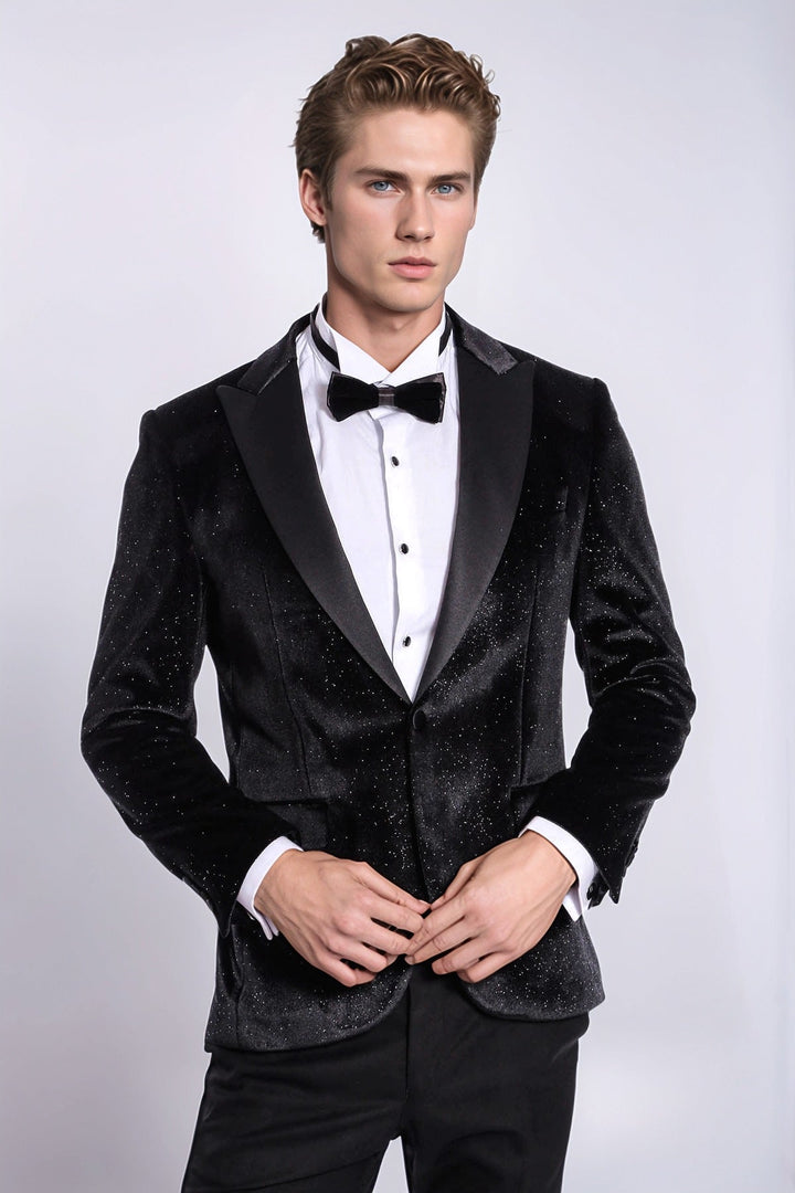 Blazer da ballo da uomo in velluto nero slim fit scintillante - Wessi